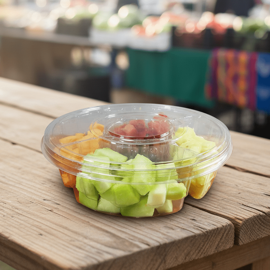 13 inch 4 Compartment Fruit or Deli Tray with Lid and Dip Cup – 50/case